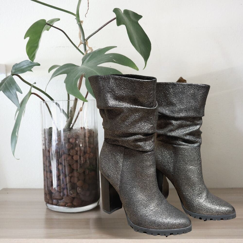 Women’s Katy Perry Raina Gunmetal Metallic Slouchy Mid-Calf Heeled Boots Size 9